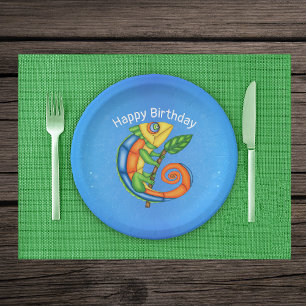 Cartoon Lizard Leaf Birthday Pappteller