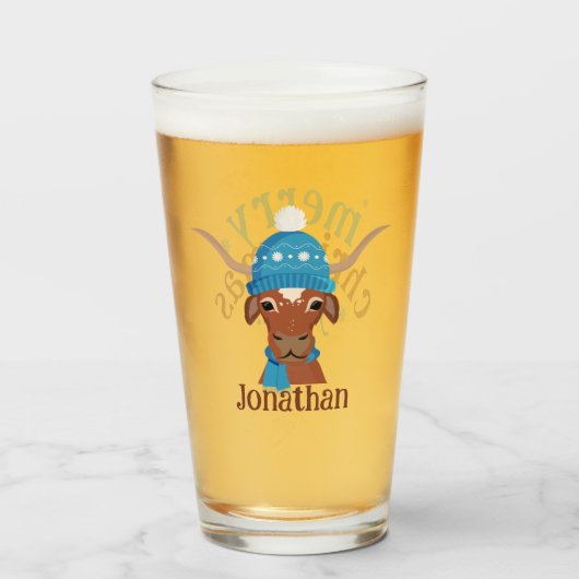 Cartoon Longhorn in Bright Blue Ski Cap und Scarf Glas (Vorne (Gefüllt))