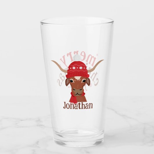 Cartoon Longhorn in Roter Skistütze und Karpfen Glas (Vorderseite)