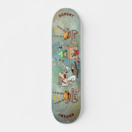 Cartoon Mad Scientist in seinem Labrador mit Namen Skateboard