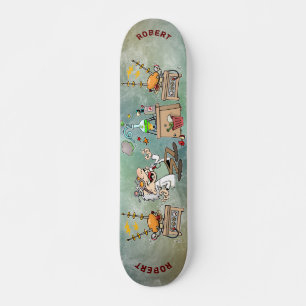 Cartoon Mad Scientist in seinem Labrador mit Namen Skateboard