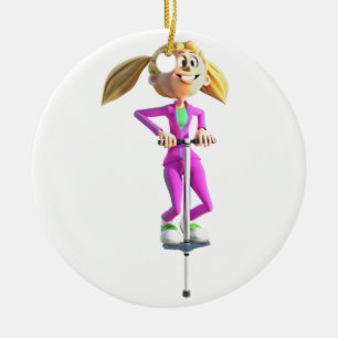Cartoon-Mädchen auf einem Pogo Stock Keramikornament