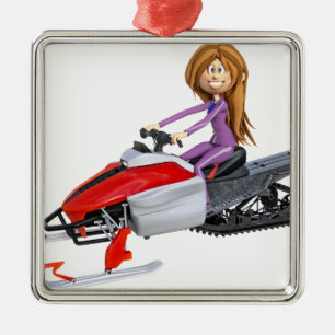 Cartoon-Mädchen auf einem Snowmobile Silbernes Ornament