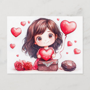 Cartoon-Mädchen hält romantisches Valentinstag-Her Postkarte