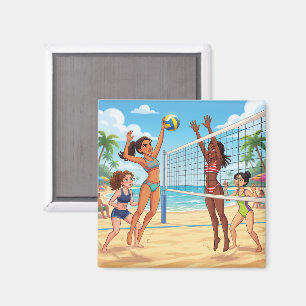 Cartoon Mädchen spielen Beachvolleyball Magnet