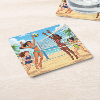 Cartoon Mädchen spielen Beachvolleyball Rechteckiger Pappuntersetzer