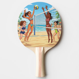 Cartoon Mädchen spielen Beachvolleyball Tischtennis Schläger