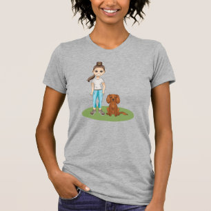Cartoon Mädchen und Ruby Cavalier Spaniel Cartoon T-Shirt