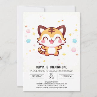 Cartoon Magical Tiger 1. Geburtstag Einladung