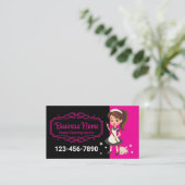 Cartoon Maid Black & Pink House Reinigungsservice Visitenkarte (Stehend Vorderseite)