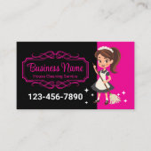 Cartoon Maid Black & Pink House Reinigungsservice Visitenkarte (Vorderseite)
