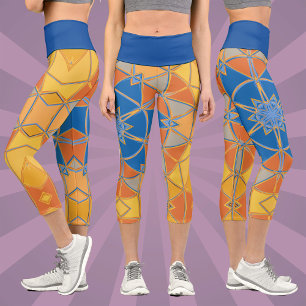 Cartoon Mandala Blauer Orange und Gelb Capri Leggings