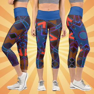 Cartoon Mandala Blue Orange und Lila Capri Leggings