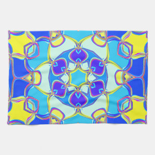 Cartoon Mandala Blume Blau Gelb und Rosa Geschirrtuch