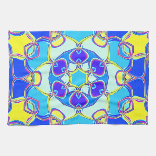Cartoon Mandala Blume Blau Gelb und Rosa Geschirrtuch (Horizontal)