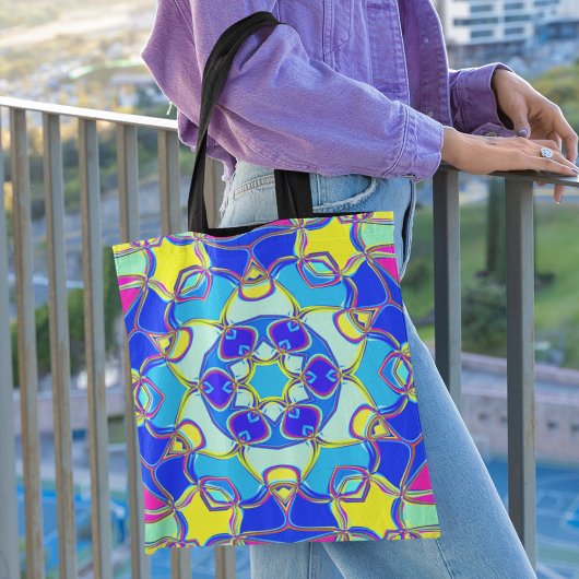 Cartoon Mandala Blume Blau Gelb und Rosa Tasche