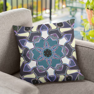 Cartoon Mandala Blume Blau Lila Schwarz und Weiß Kissen