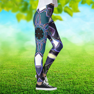 Cartoon Mandala Blume Blau Lila Schwarz und Weiß Leggings