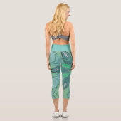 Cartoon Mandala Blume Blau und Grün Capri Leggings (Rückseite)