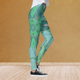 Cartoon Mandala Blume Blau und Grün Leggings