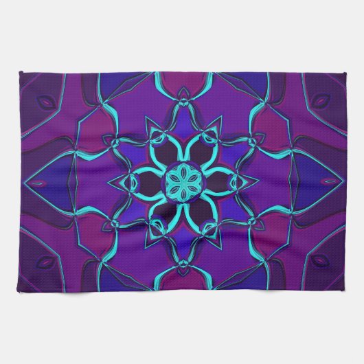 Cartoon Mandala Blume Blau und Lila Geschirrtuch (Horizontal)