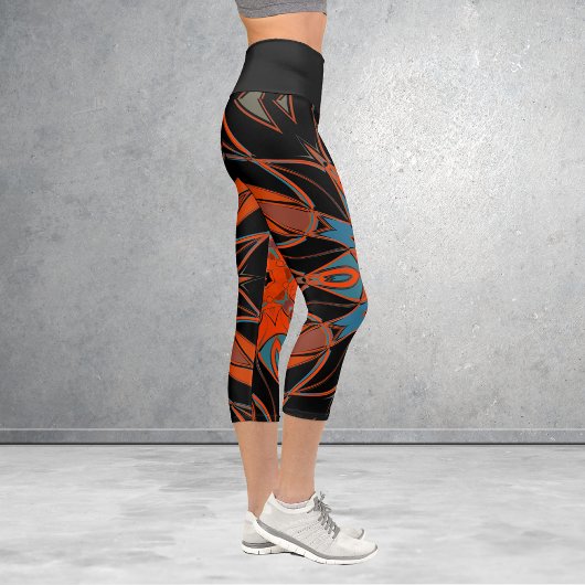 Cartoon Mandala Blume Blue Orange und Black Capri Leggings