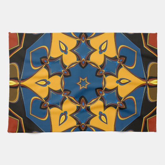 Cartoon Mandala Blume Gelb Blau und Orange Geschirrtuch (Horizontal)