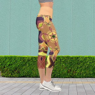 Cartoon Mandala Blume Gelb Lila und orange Capri Leggings