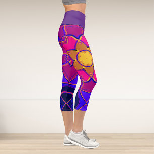 Cartoon Mandala Blume Gelb Rosa und Blau Capri Leggings