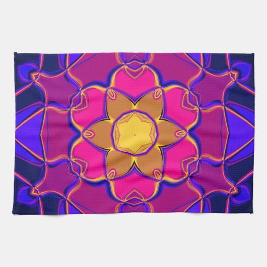 Cartoon Mandala Blume Gelb Rosa und Blau Geschirrtuch (Horizontal)