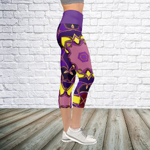 Cartoon Mandala Blume Gelb und Lila Capri Leggings