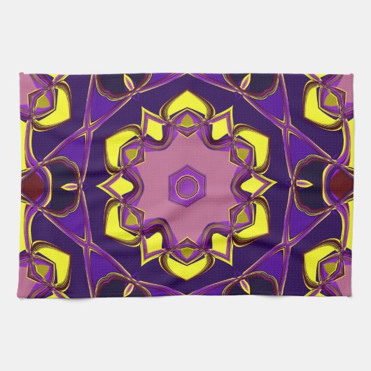 Cartoon Mandala Blume Gelb und Lila Geschirrtuch (Horizontal)