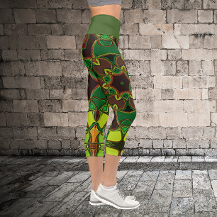 Cartoon Mandala Blume Gelb und Orange Capri Leggings