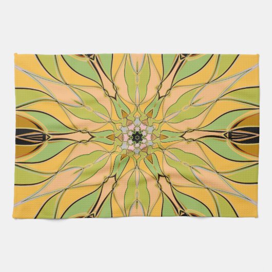 Cartoon Mandala Blume Gelb und Orange Geschirrtuch (Horizontal)
