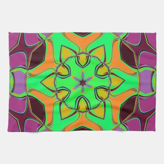 Cartoon Mandala Blume Green Orange und Lila Geschirrtuch (Horizontal)