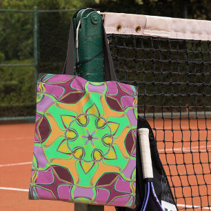 Cartoon Mandala Blume Green Orange und Lila Tasche