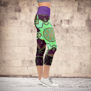 Cartoon Mandala Blume Grün Lila und Schwarz Capri Leggings