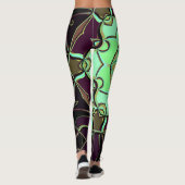 Cartoon Mandala Blume Grün Lila und Schwarz Leggings (Rückseite)