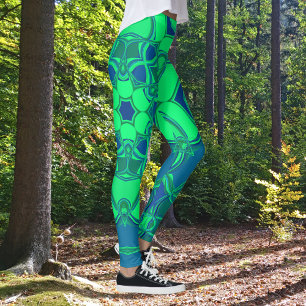 Cartoon Mandala Blume Grün und Blau Leggings