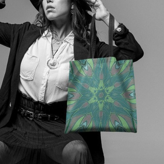 Cartoon Mandala Blume Grün und Blau Tasche