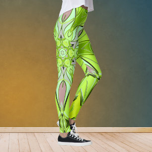 Cartoon Mandala Blume Grün und Rosa Leggings