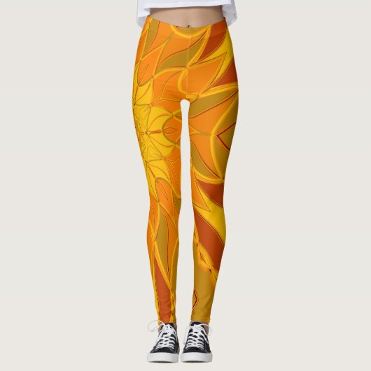 Cartoon Mandala Blume Orange Gelb und Rot Leggings (Vorderseite)