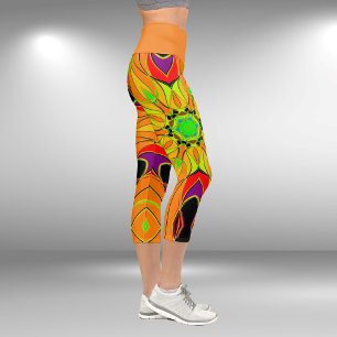 Cartoon Mandala Blume Orange Green und Red Capri Leggings