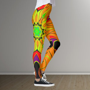 Cartoon Mandala Blume Orange Green und Red Leggings