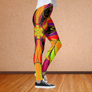 Cartoon Mandala Blume Orange Lila und rot Leggings