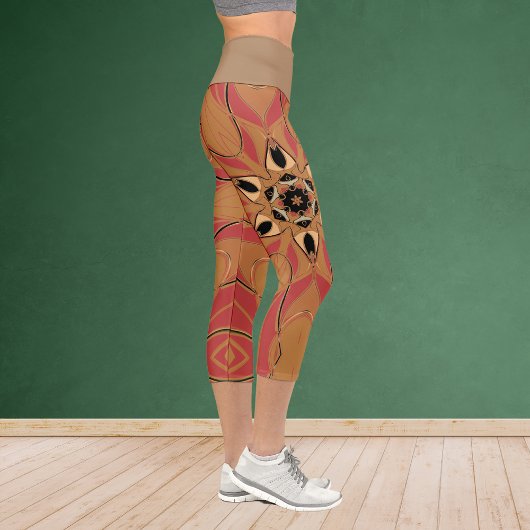 Cartoon Mandala Blume Orange und Pink Capri Leggings