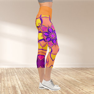Cartoon Mandala Blume Rosa Lila und Orange Capri Leggings