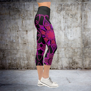 Cartoon Mandala Blume Rosa und Schwarz Capri Leggings