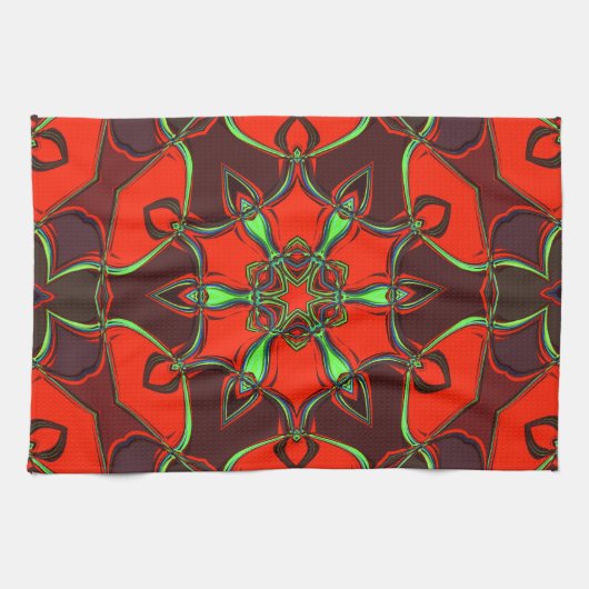 Cartoon Mandala Blume Rot und Aquamarin Geschirrtuch (Horizontal)