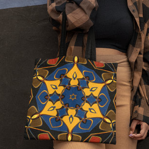 Cartoon Mandala Flower Yellow Blue and Orange Tasche
